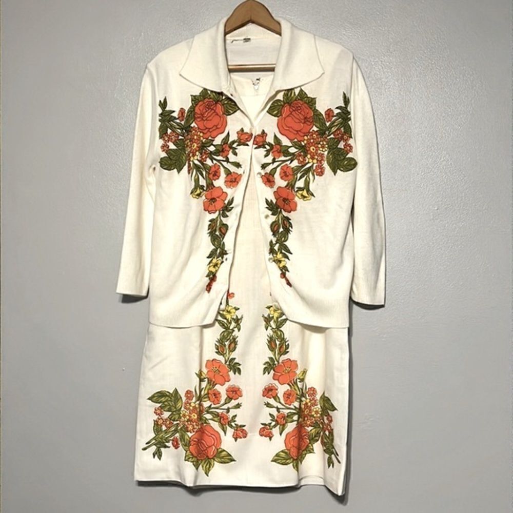 Vintage 70s Edith Flagg Floral Dress Set White Orange Mod 2 Piece Retro
